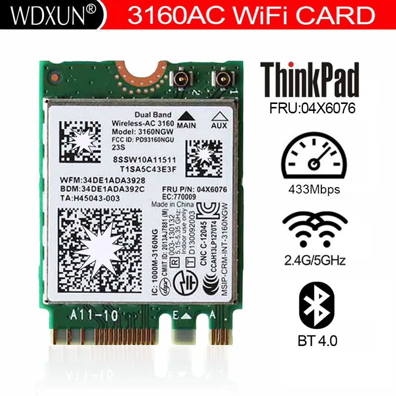 Двухдиапазонная Wi-Fi-карта Wireless-AC 3160 AC3160 802.11ac+BT 4.0 для Yoga 3 500 E50 B51 B70 G40 G70 Z70 серии FRU 04X6076
Двухдиапазонная Wi-Fi-карта Wireless-AC 3160 AC3160 802.11ac+BT 4.0 для Yoga 3 500 E50 B51 B70 G40 G70 Z70 серии FRU 04X6076