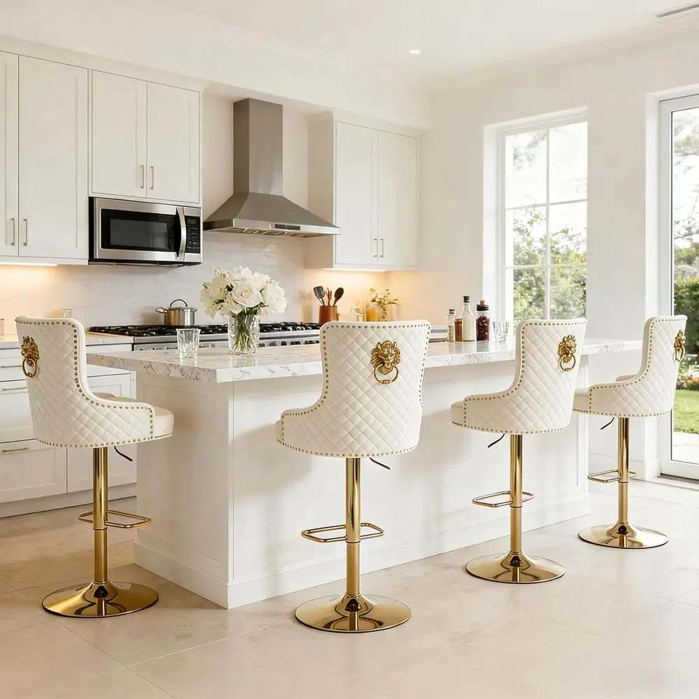 Set of 4 Swivel Velvet Bar Stools with Lion Pull Ring, Adjustable Height for Kitchen or Dining Room, Cream
Set of 4 Swivel Velvet Bar Stools with Lion Pull Ring, Adjustable Height for Kitchen or Dining Room, Cream