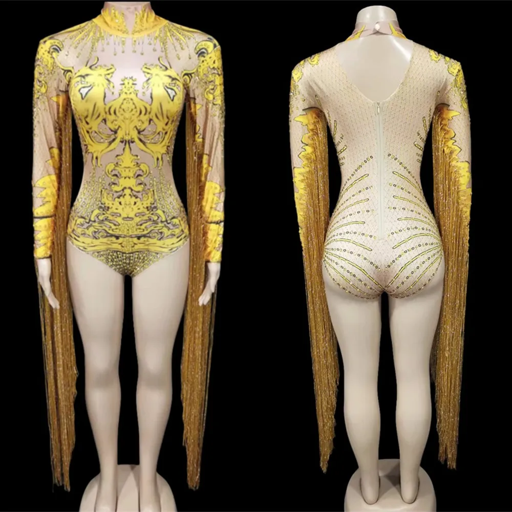 Sparkly Rhinestones Gold Tassel Bodysuit Women Sexy Jazz Dance Costume Printing Fringe Leotard Rave Outfit Performance Clothes
Sparkly Rhinestones Gold Tassel Bodysuit Women Sexy Jazz Dance Costume Printing Fringe Leotard Rave Outfit Performance Clothes