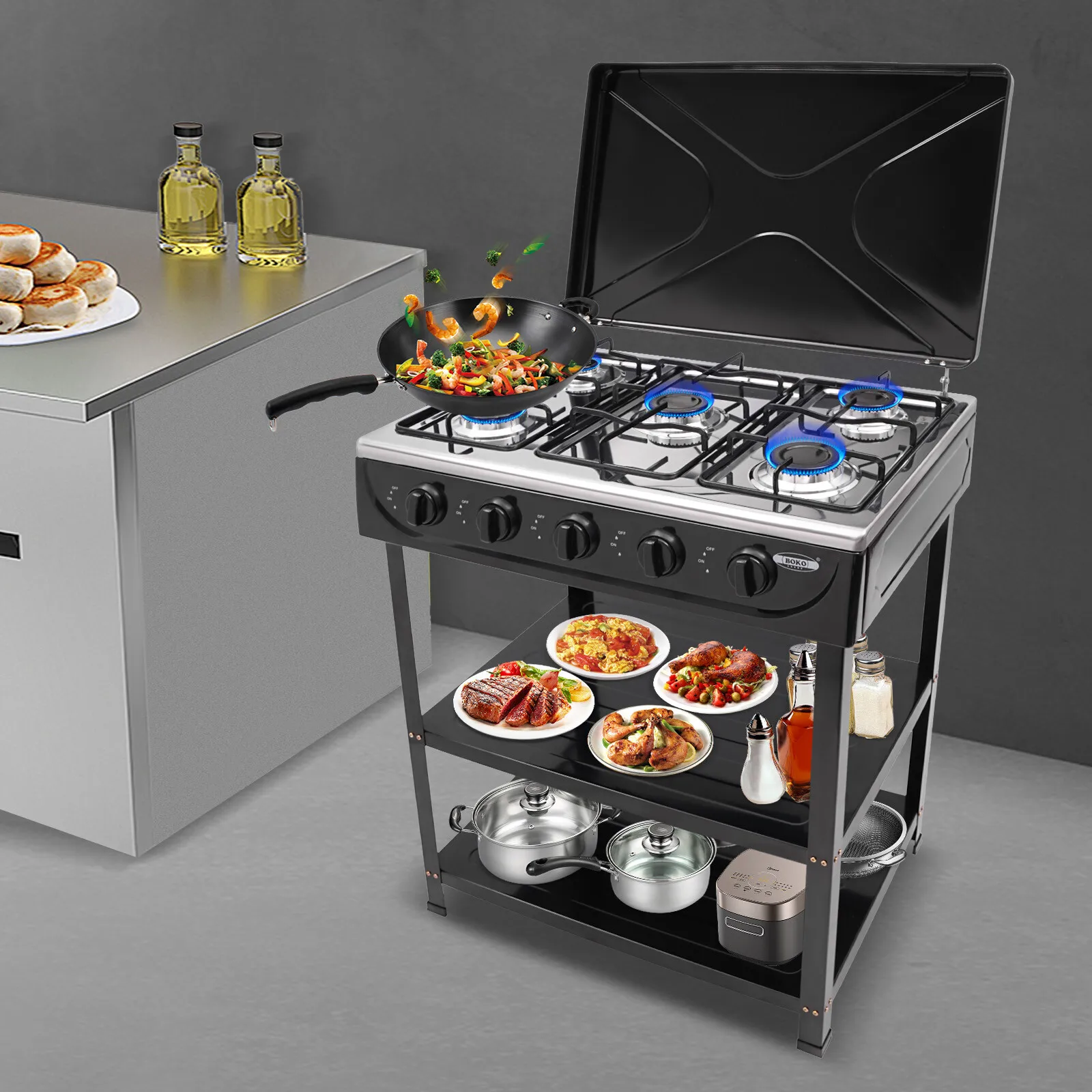 5-piece gas stove outdoor camping cooking and barbecuing stand with 2 layers of storage shelves
5-piece gas stove outdoor camping cooking and barbecuing stand with 2 layers of storage shelves