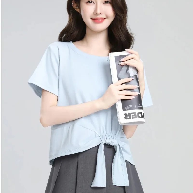 Women's Irregular Hem T-shirt Short Sleeve Knotted Front Casual Blue Summer Tee
Women's Irregular Hem T-shirt Short Sleeve Knotted Front Casual Blue Summer Tee