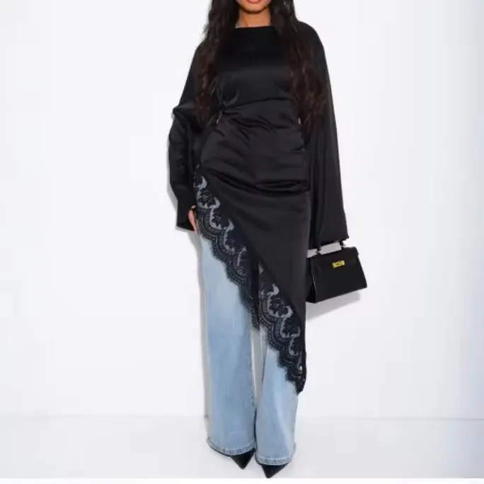 2026 Spring New Floral Lace Patchwork Satin Shirt For Women O-neck Long Flare Sleeve Blouse Lady High Street Chic Irregular Tops
2026 Spring New Floral Lace Patchwork Satin Shirt For Women O-neck Long Flare Sleeve Blouse Lady High Street Chic Irregular Tops