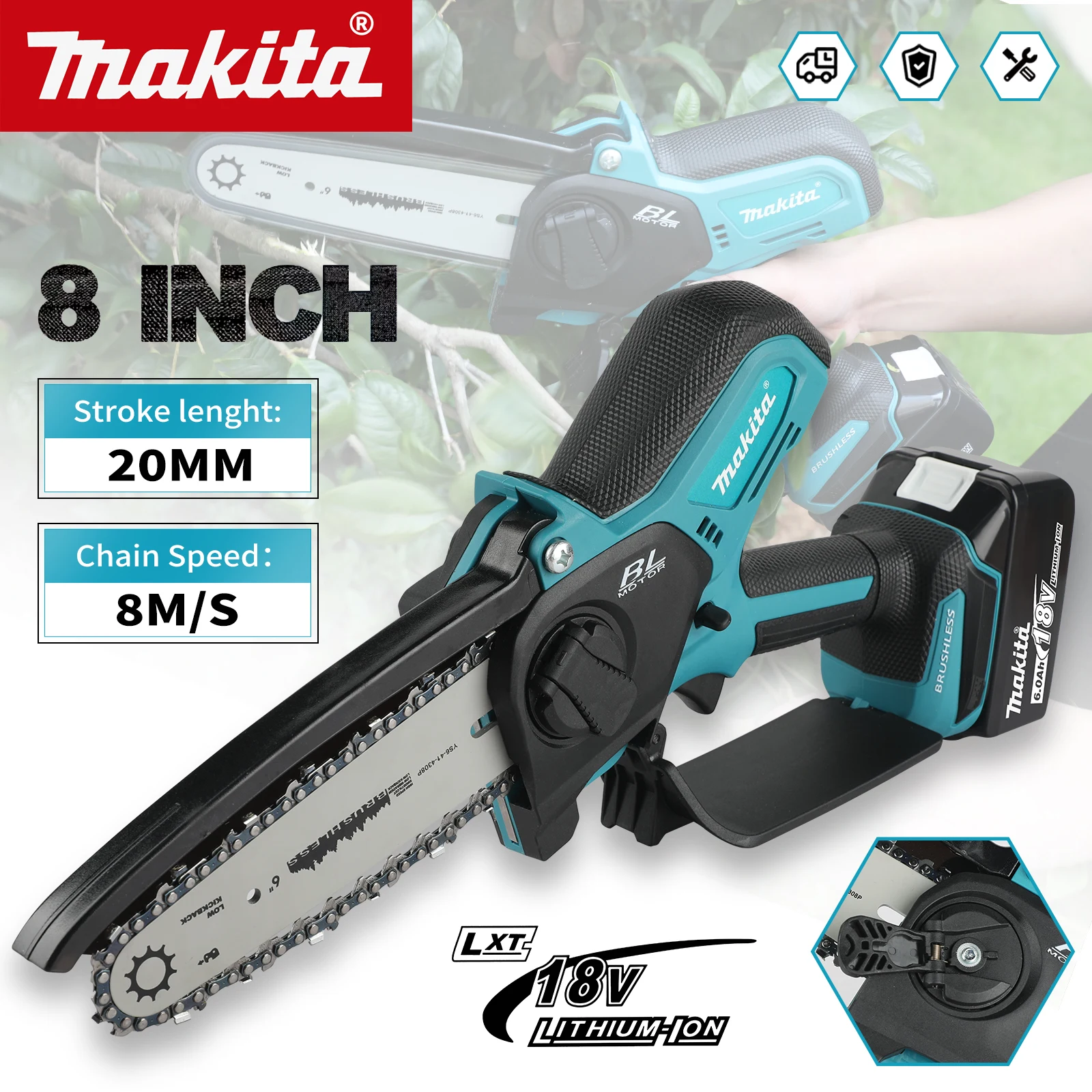 Makita 18V Cordless Chain Saw: 8.0M/S Speed, 20MM Stroke for Garden Tree & Branch Cutting Applications
Makita 18V Cordless Chain Saw: 8.0M/S Speed, 20MM Stroke for Garden Tree & Branch Cutting Applications
