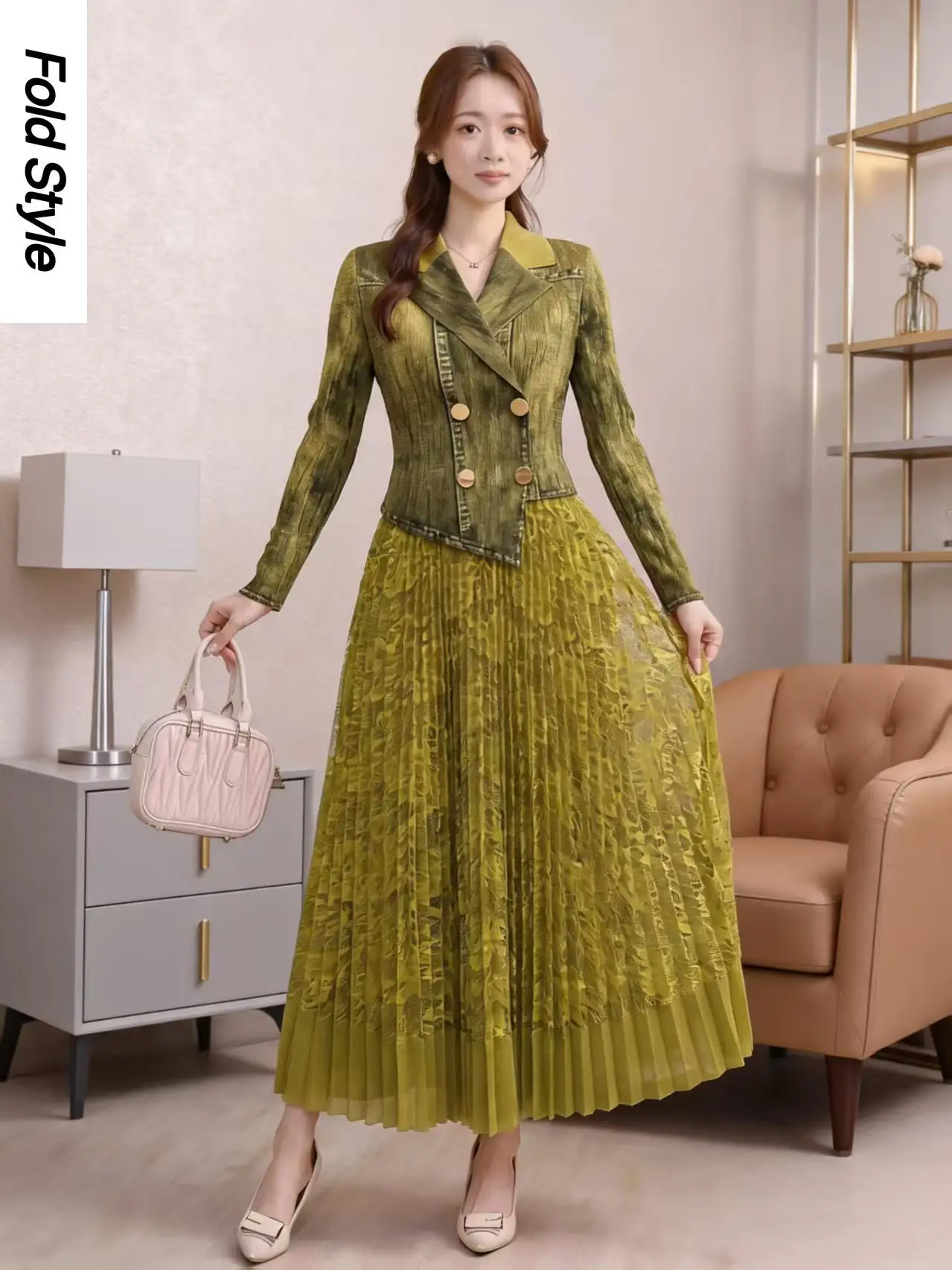 Miyake 2026 Color Matching Pleated Lace Splicing Loose Women's Clothing Elegant Temperament Suit Collar High Waist Dress
Miyake 2026 Color Matching Pleated Lace Splicing Loose Women's Clothing Elegant Temperament Suit Collar High Waist Dress