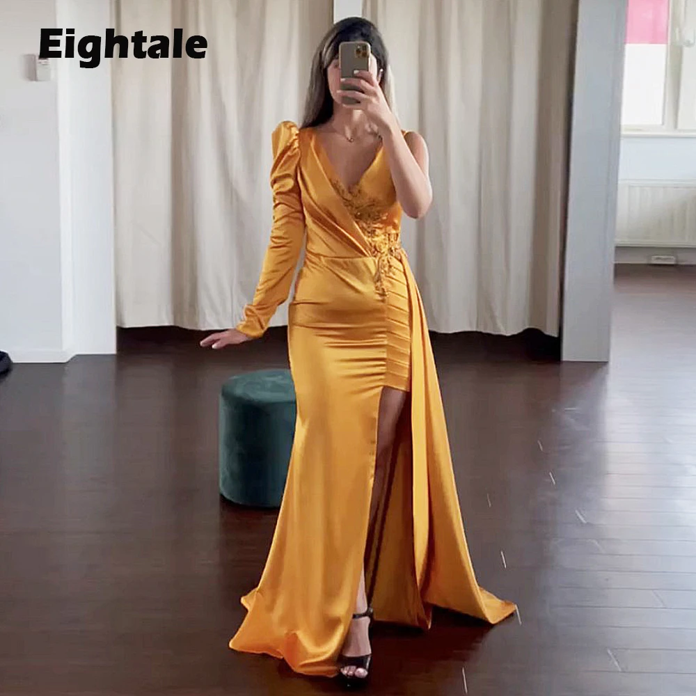 Eightale Gold Evening Dress for Wedding Party Side Slit Beaded Satin V-Neck One Long Sleeve Arabic Celebrity Formal Prom Gowns
Eightale Gold Evening Dress for Wedding Party Side Slit Beaded Satin V-Neck One Long Sleeve Arabic Celebrity Formal Prom Gowns