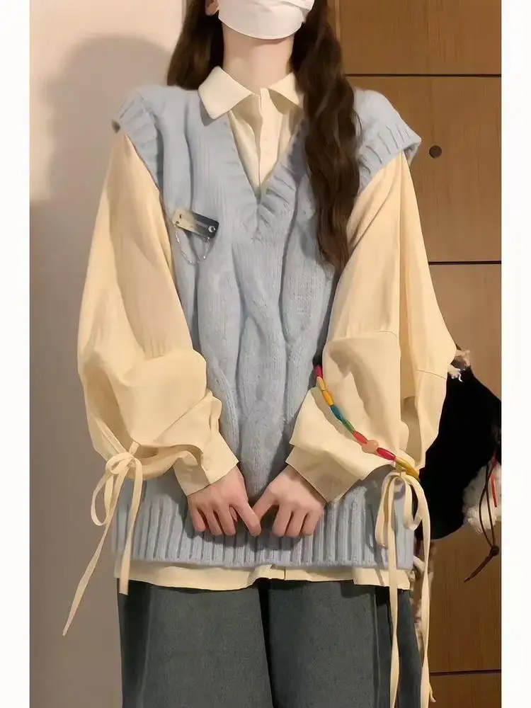 Korean Sle Sweet School orm Blue Twisted V-Ne Svel Knitted Vest Top Women's Belted irt Two-Piece Set
Korean Sle Sweet School orm Blue Twisted V-Ne Svel Knitted Vest Top Women's Belted irt Two-Piece Set