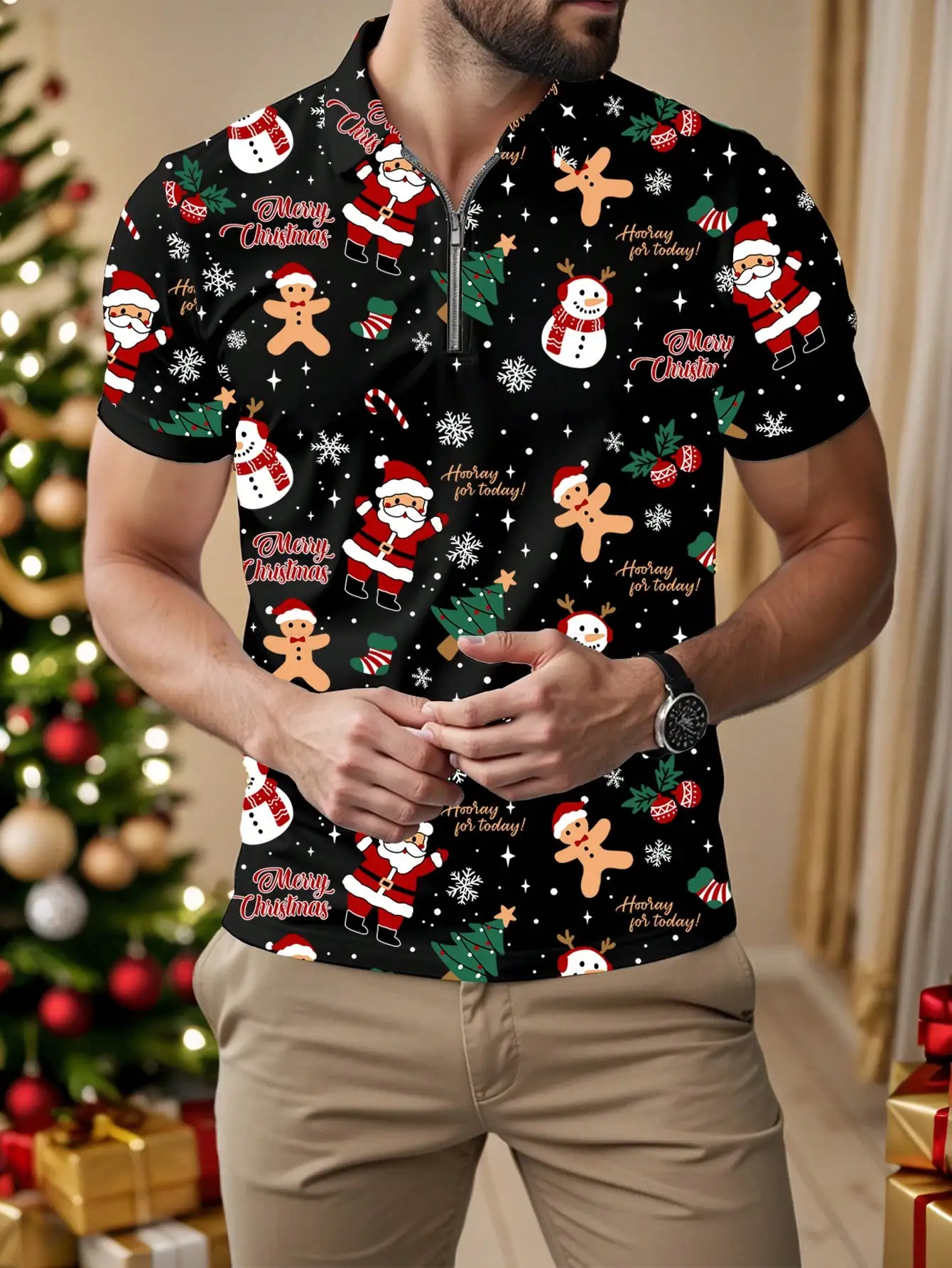 Men's Black Holiday All-Over Print Casual Polo Shirt with Zipper Collar
Men's Black Holiday All-Over Print Casual Polo Shirt with Zipper Collar
