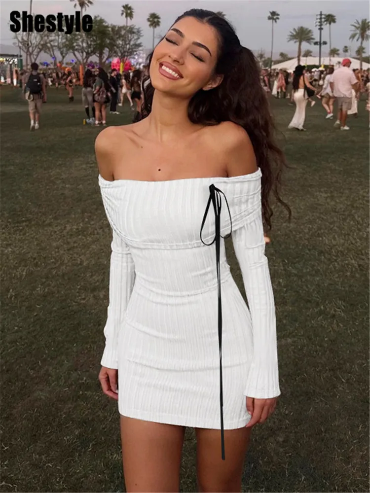 Shestyle Slash Neck White Sheath Mini Dress Skinny Full Sleeve Bow Off Shoulder Outfits Woven Elegant 2025 Autumn Hot Fashion
Shestyle Slash Neck White Sheath Mini Dress Skinny Full Sleeve Bow Off Shoulder Outfits Woven Elegant 2025 Autumn Hot Fashion