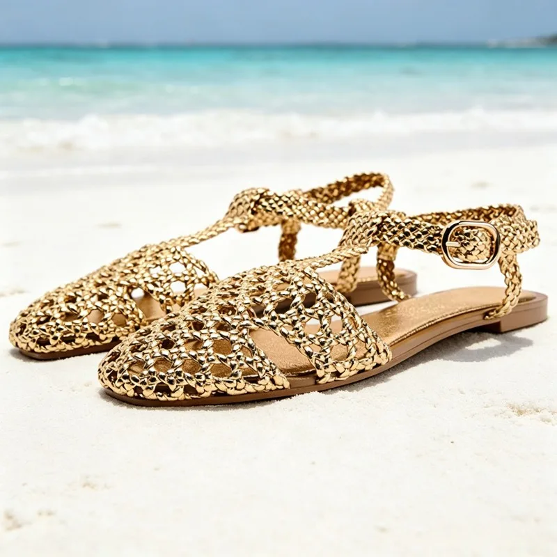 Gold Hollow Woven Flat Sandals Women Fashion T-tied Ankle-strap Buckle Gladiator Sandals Bohemian-style Holiday Beach Sandals
Gold Hollow Woven Flat Sandals Women Fashion T-tied Ankle-strap Buckle Gladiator Sandals Bohemian-style Holiday Beach Sandals