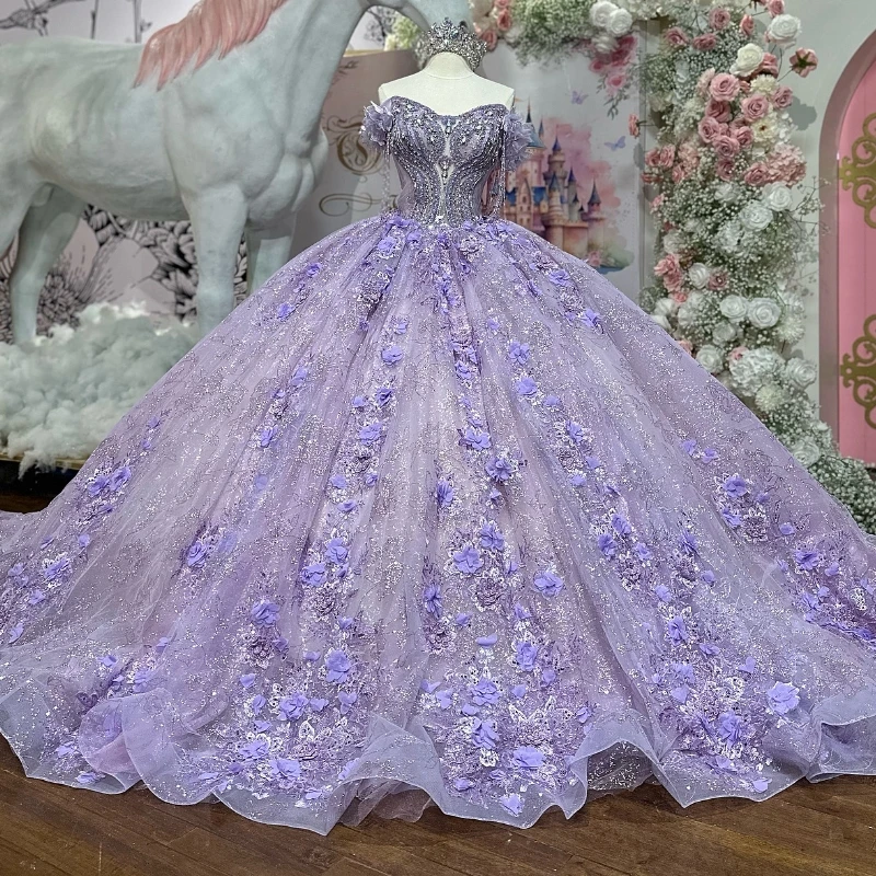 Lavender Shiny Quinceanera Dresses Ball Gown Off The Shoulder Applique Flower Beading Tull Party Birthday Sweet 16 Dress Vestido
Lavender Shiny Quinceanera Dresses Ball Gown Off The Shoulder Applique Flower Beading Tull Party Birthday Sweet 16 Dress Vestido