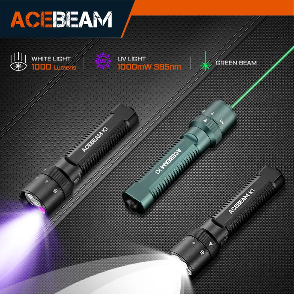 ACEBEAM K1 Rechargeable Flashlight EDC AA Pocket 1000 Lumens High Brightness with Green Beam UV LED And White LED Light
ACEBEAM K1 Rechargeable Flashlight EDC AA Pocket 1000 Lumens High Brightness with Green Beam UV LED And White LED Light
