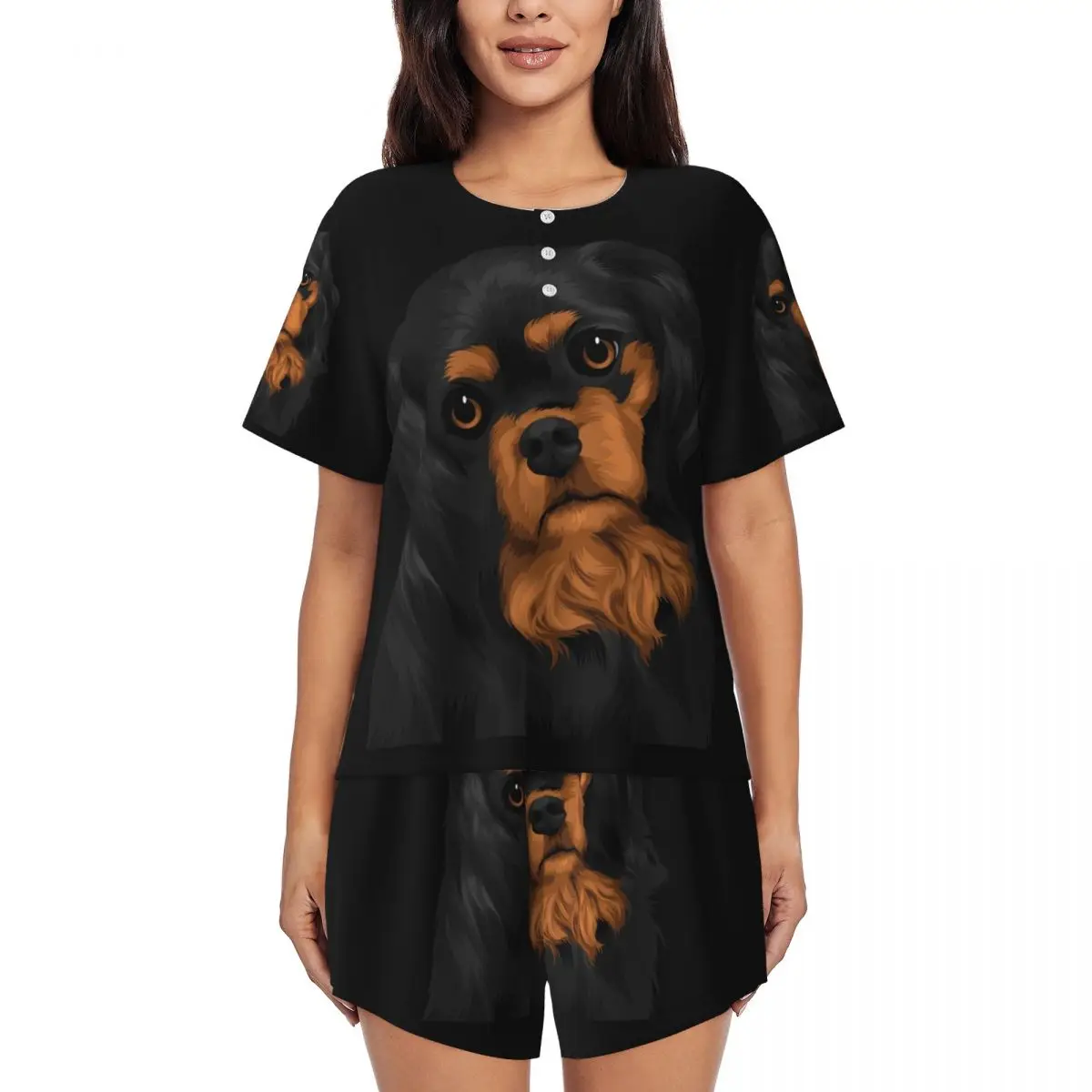 Tilted Black Cavalier King Charles Spaniel Pajamas Set Womens Short Sleeve Dog Lover Sleepwear Loungewear 2 Piece Pjs
Tilted Black Cavalier King Charles Spaniel Pajamas Set Womens Short Sleeve Dog Lover Sleepwear Loungewear 2 Piece Pjs