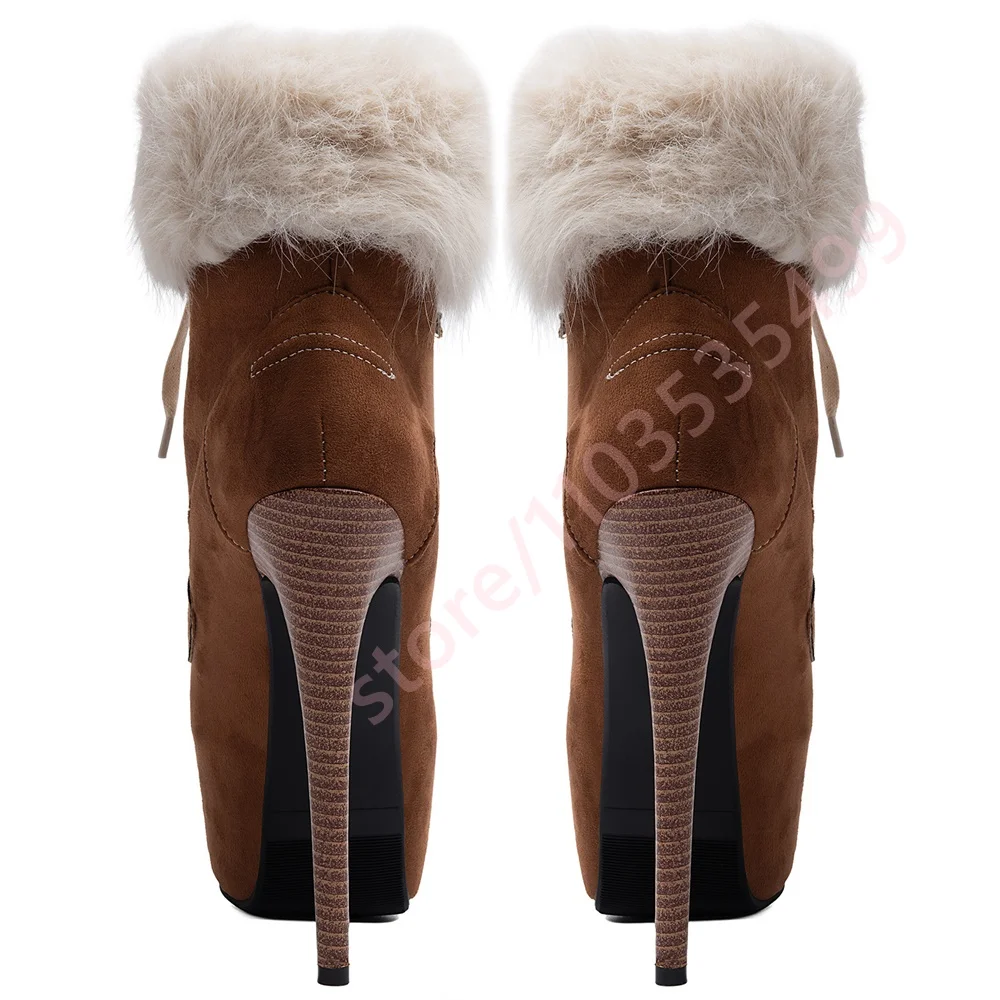 2026 Retro Brown Faux Suede Fur Trim Platform Ankle Boots Women Lace Up Warm Lining Stiletto High Heel Winter Party Booties
2026 Retro Brown Faux Suede Fur Trim Platform Ankle Boots Women Lace Up Warm Lining Stiletto High Heel Winter Party Booties