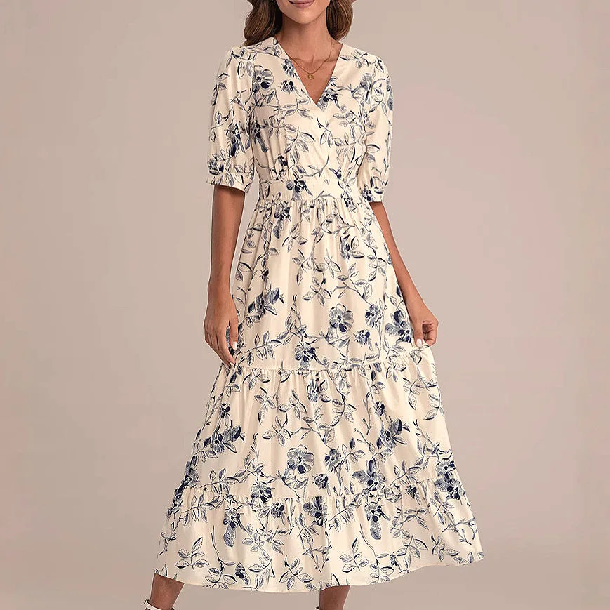 French holiday style floral dress women's v-neck casual waist dress fashionable simple luxury temperament elegant high-end holid
French holiday style floral dress women's v-neck casual waist dress fashionable simple luxury temperament elegant high-end holid