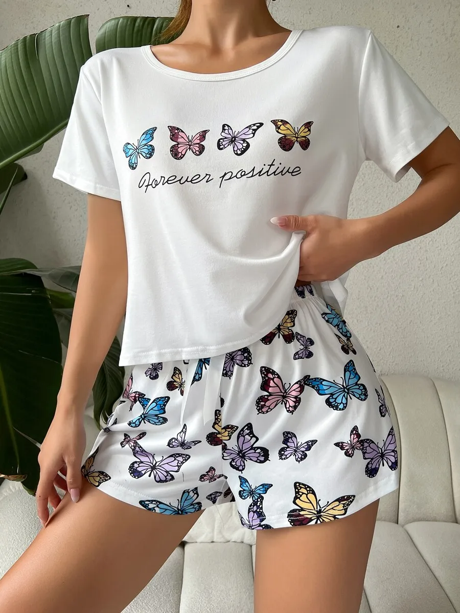 Butterfly Print Slogan Graphic Tee And Shorts Pajama Set For Women
Butterfly Print Slogan Graphic Tee And Shorts Pajama Set For Women