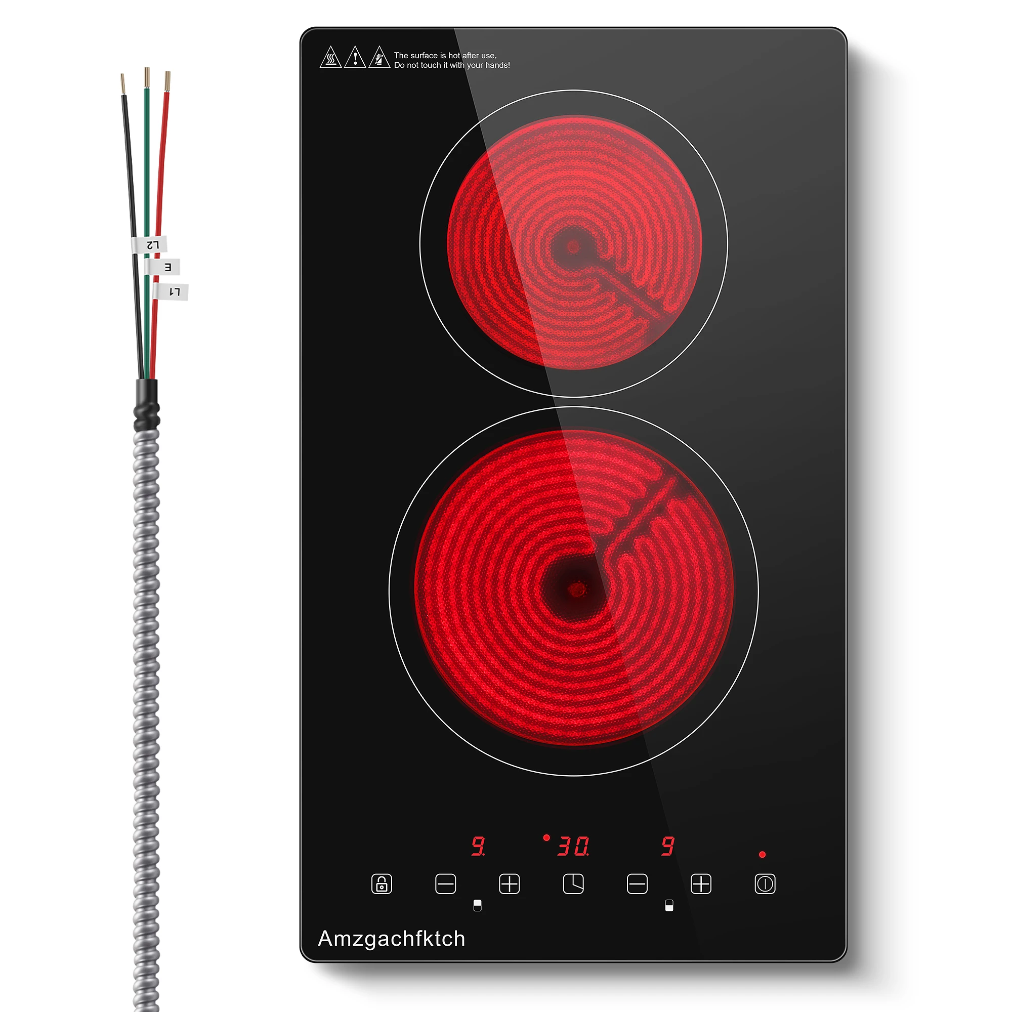 12-дюймовая электрическая варочная панель с 2 конфорками, встроенная керамическая плита мощностью 3000 Вт с замком от детей/таймером/индикатором тепла, сертифицированная ETL, проводная панель 
12-дюймовая электрическая варочная панель с 2 конфорками, встроенная керамическая плита мощностью 3000 Вт с замком от детей/таймером/индикатором тепла, сертифицированная ETL, проводная панель