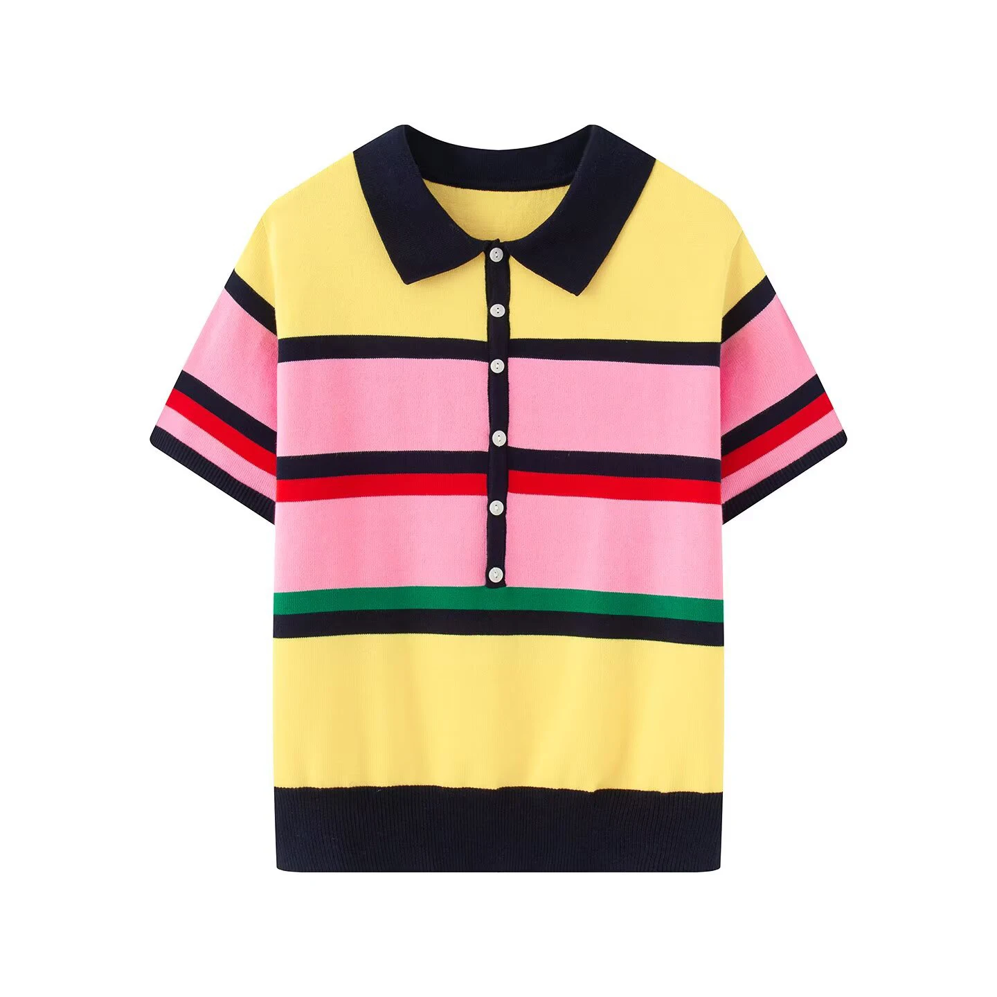 European and American style 2026 summer new women's short sleeved contrasting striped knitted polo shirt
European and American style 2026 summer new women's short sleeved contrasting striped knitted polo shirt