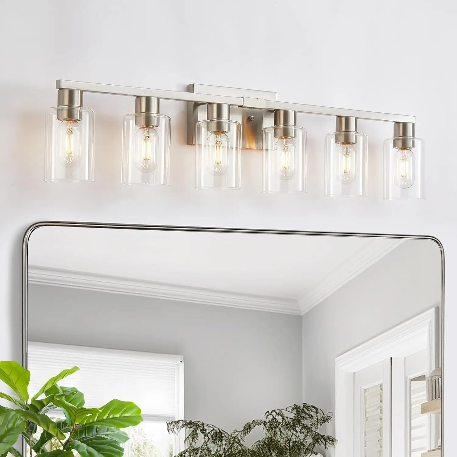 6-Light Bathroom Vanity Light, Brushed Nickel, Clear Glass, Large Wall Sconce for Mirror
6-Light Bathroom Vanity Light, Brushed Nickel, Clear Glass, Large Wall Sconce for Mirror