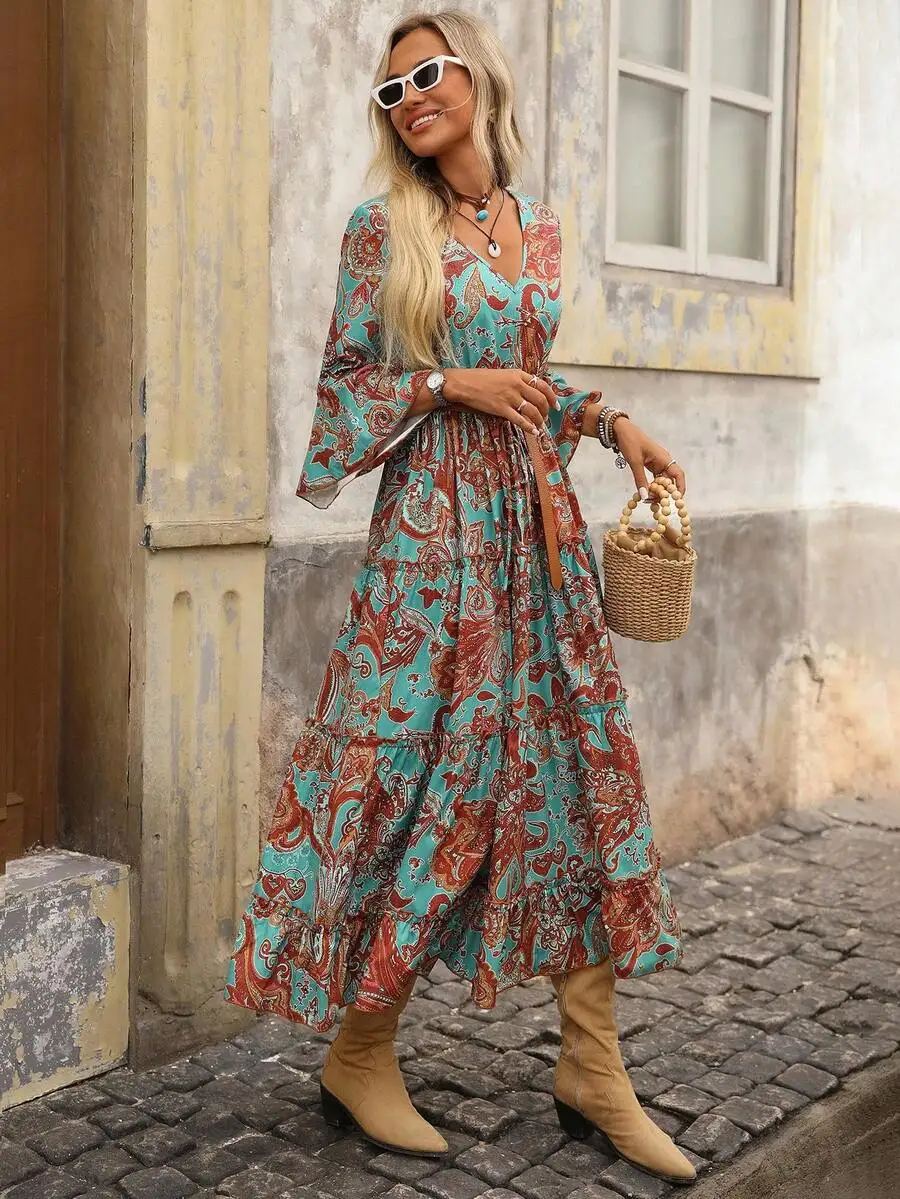 Bohemian Print V-Neck Tiered Maxi Dress With Flare Sleeves For Women
Bohemian Print V-Neck Tiered Maxi Dress With Flare Sleeves For Women
