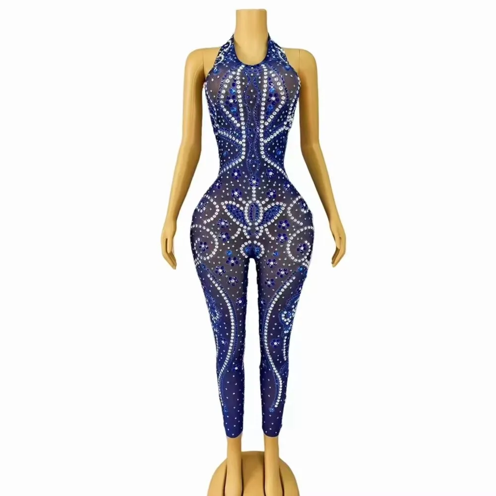 Sexy Transparent Jumpsuit Luxury Blue Rhinestones Mesh Halter Backless Party Nightclub Crystal Rompers Women Stage Dance Costume
Sexy Transparent Jumpsuit Luxury Blue Rhinestones Mesh Halter Backless Party Nightclub Crystal Rompers Women Stage Dance Costume