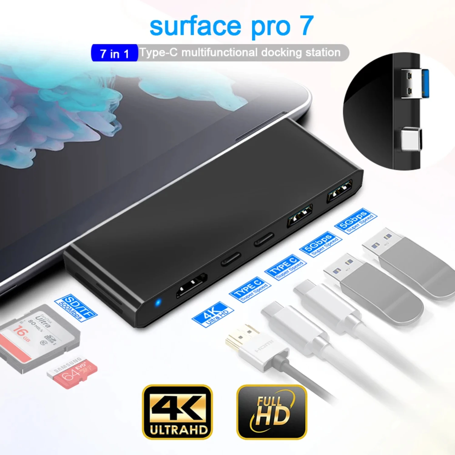 USB 3.0 HUB 4K -compatibl Gigabit Ethernet Type C adapter TF/SD for Surface Pro 7 Laptop Docking Stations
USB 3.0 HUB 4K -compatibl Gigabit Ethernet Type C adapter TF/SD for Surface Pro 7 Laptop Docking Stations
