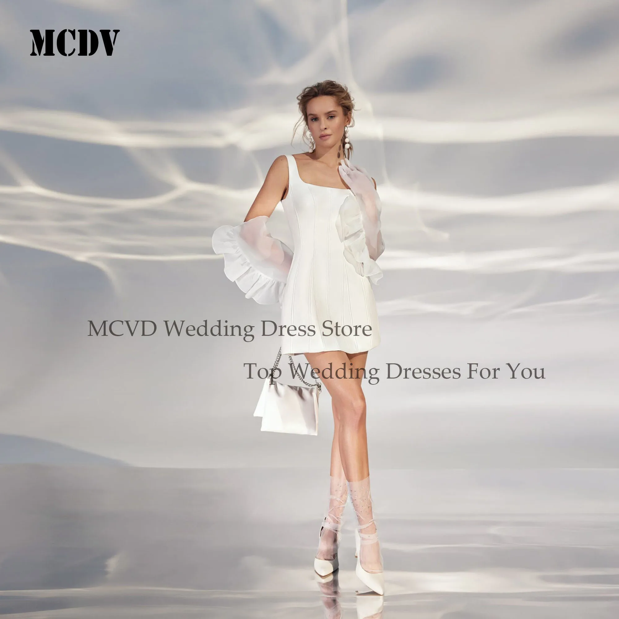 MCDV Mini Satin Backless Wedding Dresses Square Collar A-Line Ivory White Bridal Gown Sleeveless Customized vestidos de novia
MCDV Mini Satin Backless Wedding Dresses Square Collar A-Line Ivory White Bridal Gown Sleeveless Customized vestidos de novia