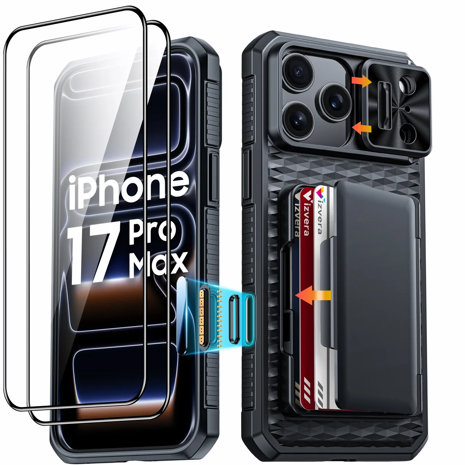 Чехол для iPhone 17 Pro Max с держателем для карт, выдвижной крышкой для камеры и подставкой, противоударный чехол-кошелек из PC+TPU - черный
Чехол для iPhone 17 Pro Max с держателем для карт, выдвижной крышкой для камеры и подставкой, противоударный чехол-кошелек из PC+TPU - черный