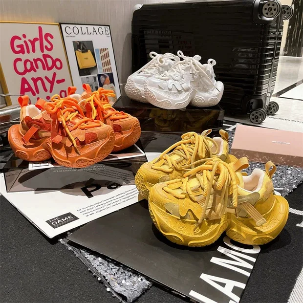 Stylish Women Chunky Sneakers Thick Soled Trendy Unique Design Outdoor Shoes Daily Wear Orange Yellow White Fashion Designer 
Stylish Women Chunky Sneakers Thick Soled Trendy Unique Design Outdoor Shoes Daily Wear Orange Yellow White Fashion Designer