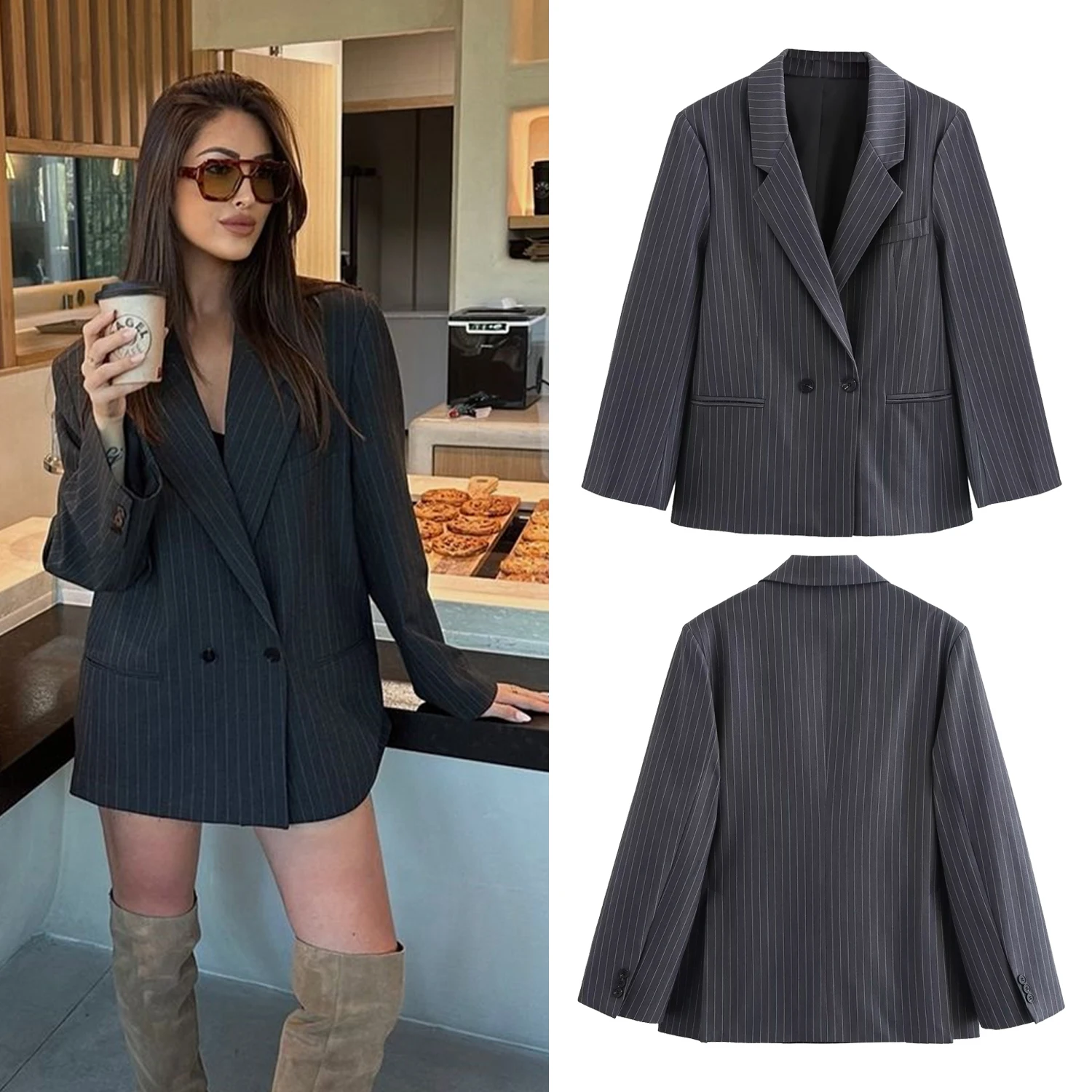 Taop&Za women's clothing 2024 autumn and winter new striped suit jacket, lapel double row buckle Gray loose long sleeved top
Taop&Za women's clothing 2024 autumn and winter new striped suit jacket, lapel double row buckle Gray loose long sleeved top