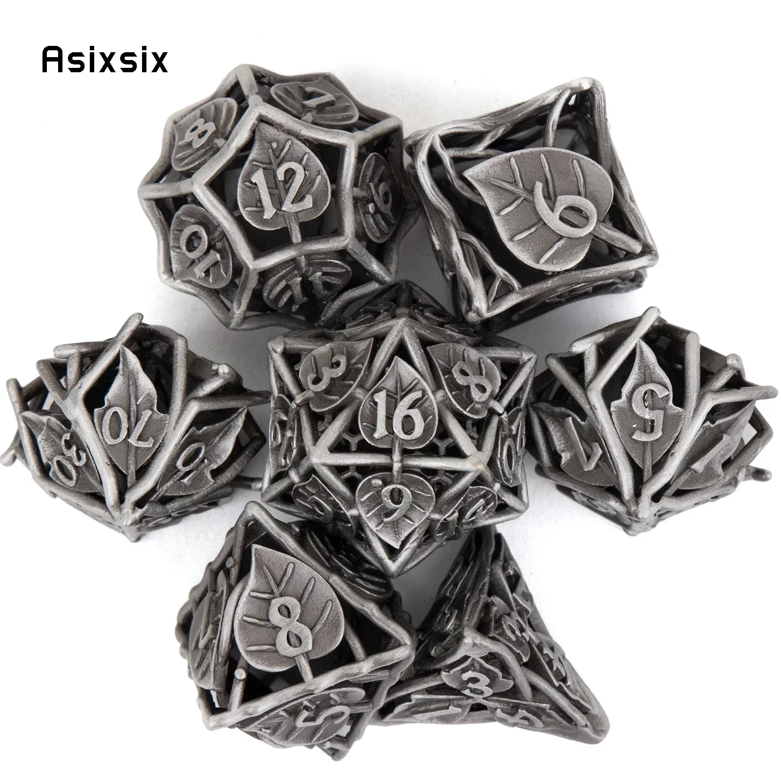 7 Pcs Silver Leaf Flower Metal Dice Hollow Metal Polyhedral Dice Set Suitable For Role-Playing Game
7 Pcs Silver Leaf Flower Metal Dice Hollow Metal Polyhedral Dice Set Suitable For Role-Playing Game