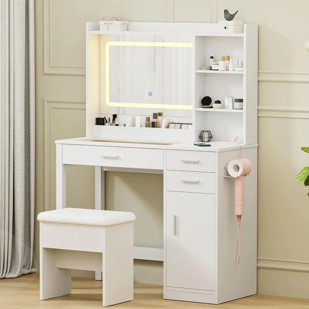 LED-Lit Glass Top Vanity Desk with Storage, Hair Dryer Holder, and Power Outlet for Makeup, Girls' Bedroom, White
LED-Lit Glass Top Vanity Desk with Storage, Hair Dryer Holder, and Power Outlet for Makeup, Girls' Bedroom, White