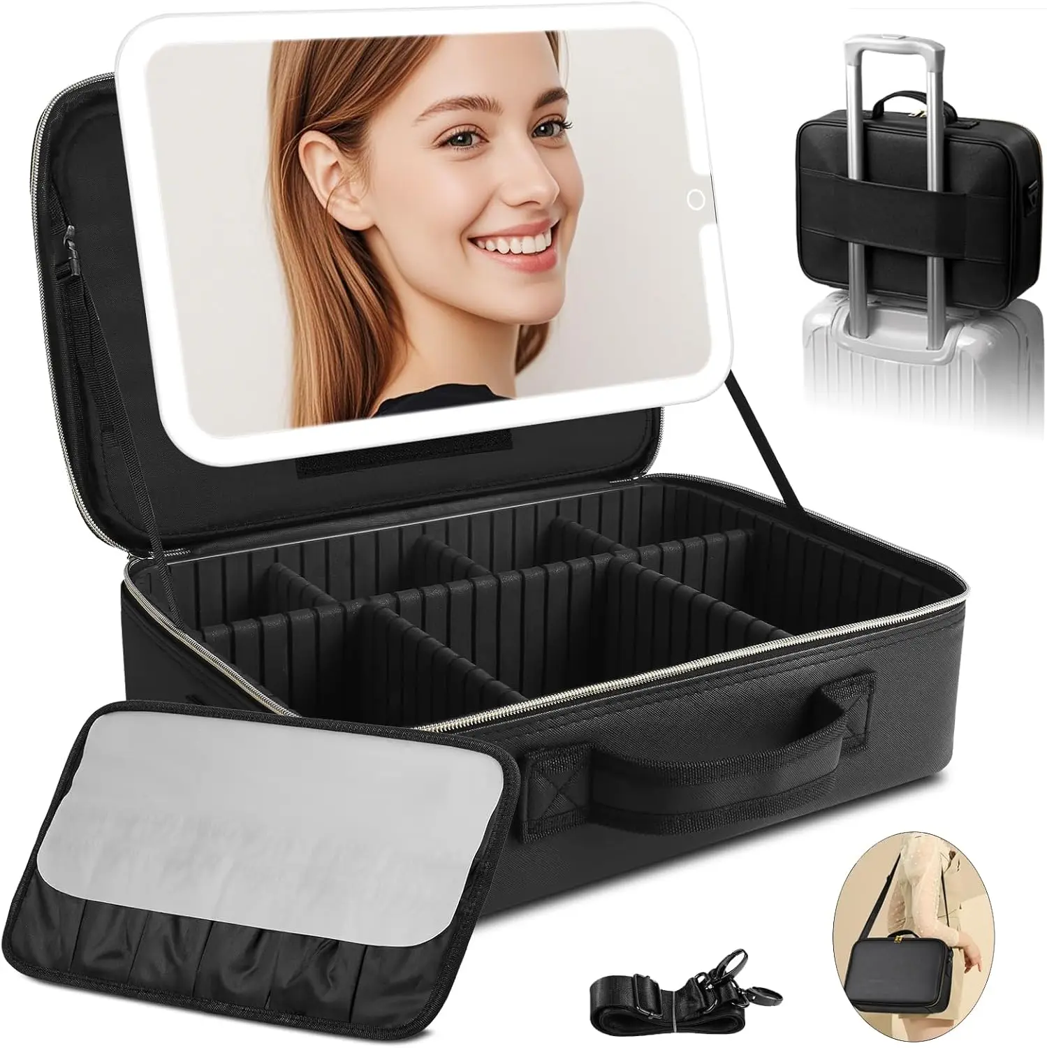 Large Travel Makeup Bag with Removable Lighted Mirror, Adjustable Dividers & Brush Storage, PU Leather Organizer
Large Travel Makeup Bag with Removable Lighted Mirror, Adjustable Dividers & Brush Storage, PU Leather Organizer