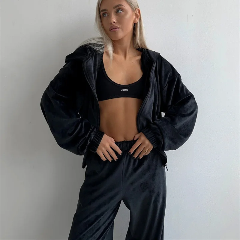 2025 весенне-осенний костюм-двойка Pleuche, женские спортивные повседневные комплекты, короткая куртка с капюшоном на молнии, прямые брюки, комплекты из 2 предметов 
2025 весенне-осенний костюм-двойка Pleuche, женские спортивные повседневные комплекты, короткая куртка с капюшоном на молнии, прямые брюки, комплекты из 2 предметов