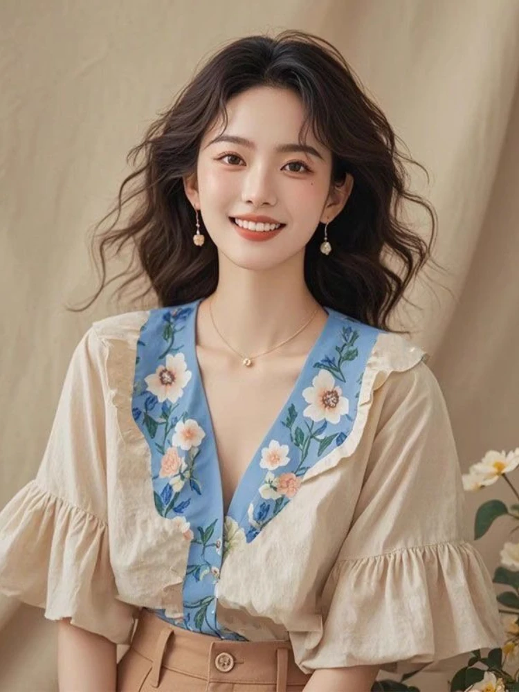 Fashion Vintage Shirts V Neck Flare Sleeve Ruffles Flower Print Design Blouses Summer All Match Tops 2025 New Women's Clothing
Fashion Vintage Shirts V Neck Flare Sleeve Ruffles Flower Print Design Blouses Summer All Match Tops 2025 New Women's Clothing