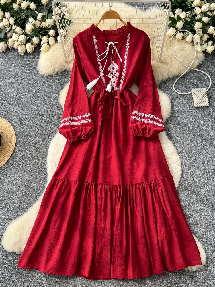 Retro Embroidered Belted Lantern Sleeve Dress Women's Slimming Long Skirt Fashionable Heavy Embroidery round Neck High Waist
Retro Embroidered Belted Lantern Sleeve Dress Women's Slimming Long Skirt Fashionable Heavy Embroidery round Neck High Waist