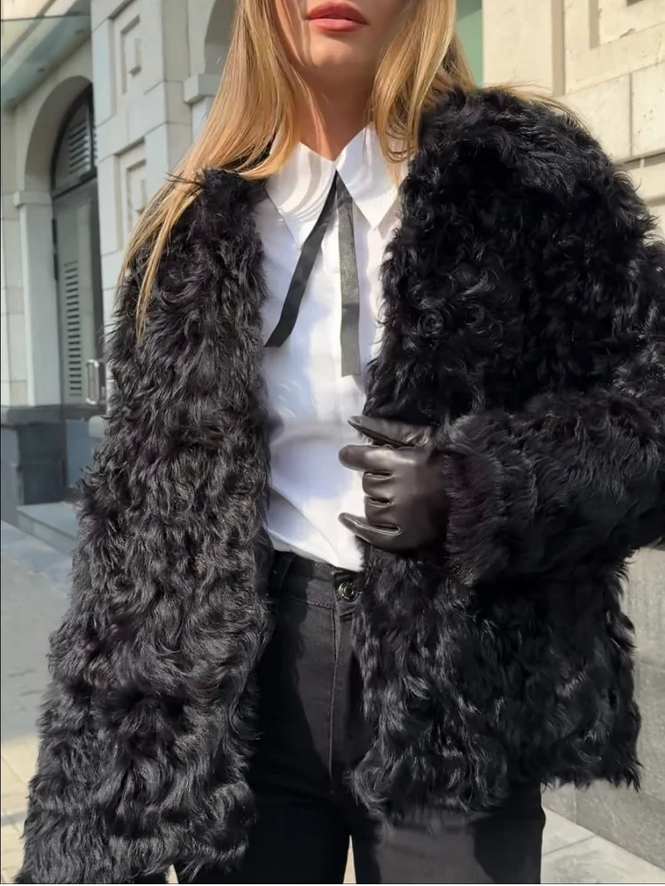 Women Black Curly Faux Fur Coat Casual Solid Full Sleeve Round Neck Loose Warm Short Outerwear Lady Winter Daily Street Jacket
Women Black Curly Faux Fur Coat Casual Solid Full Sleeve Round Neck Loose Warm Short Outerwear Lady Winter Daily Street Jacket