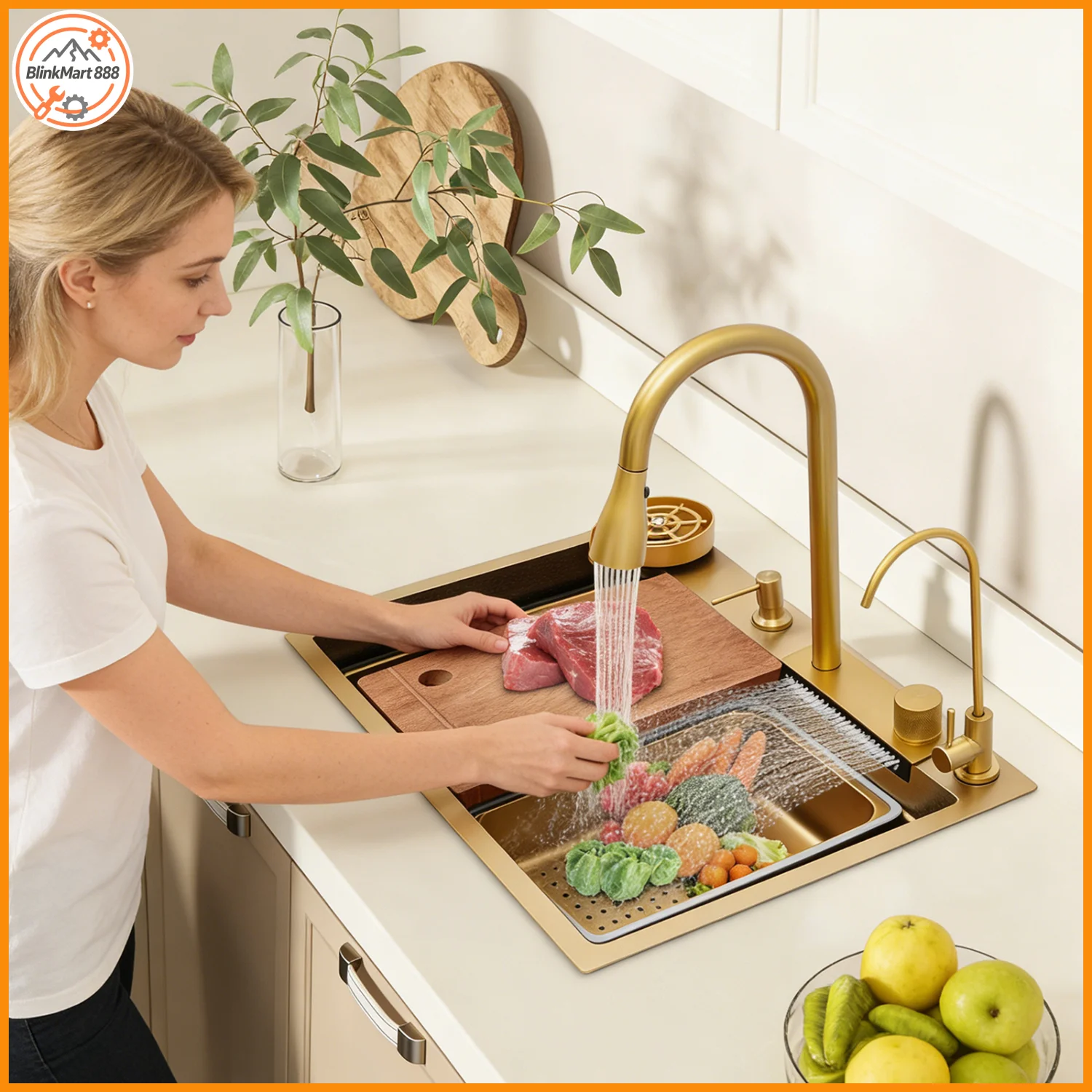 Gold 68cm Kitchen Sink| Multi-functional Basin with Pull-Out Faucet, Draining Rack & Soap Dispenser
Gold 68cm Kitchen Sink| Multi-functional Basin with Pull-Out Faucet, Draining Rack & Soap Dispenser