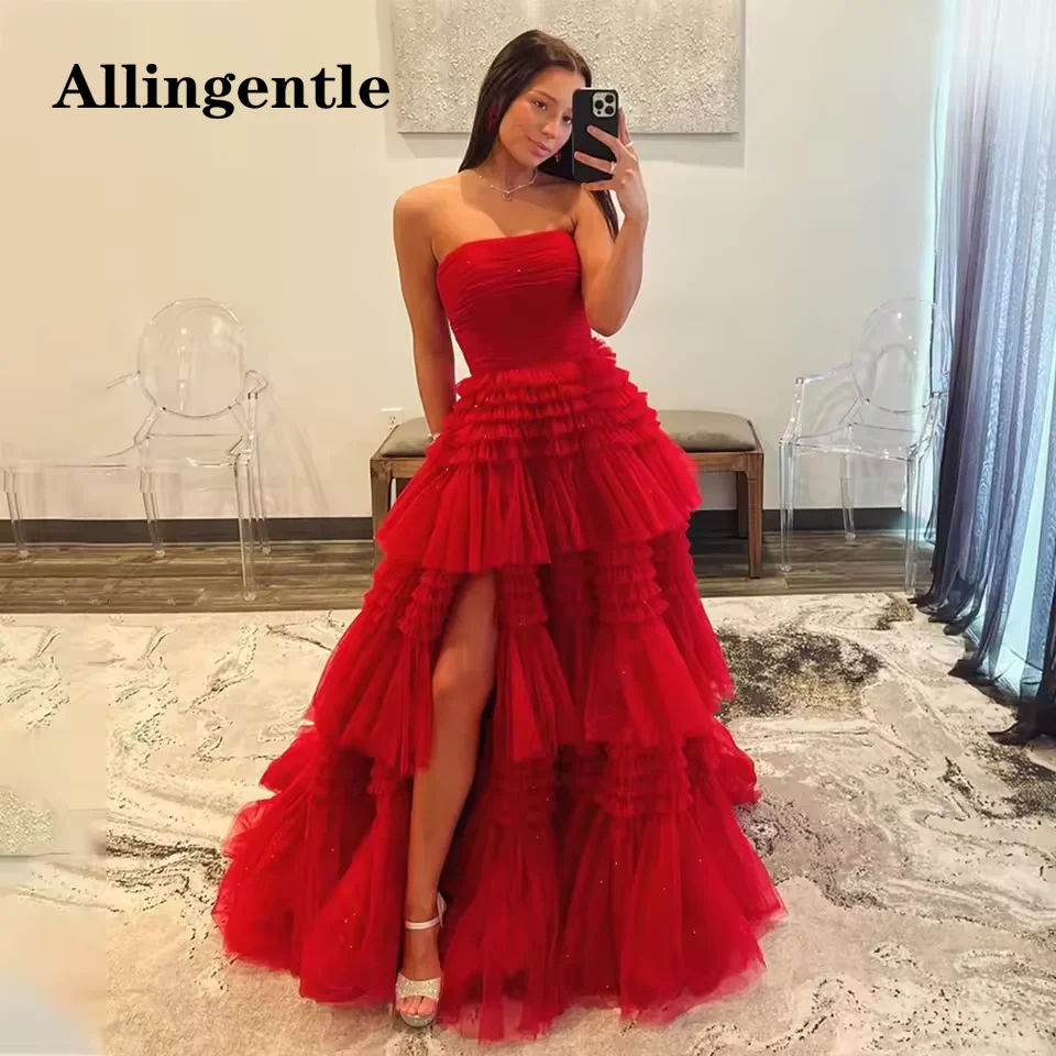 Allingentle Red A-Line Prom Dresses Strapless Tiered Tulle Graduation Party Gown High Slit Formal Evening Dress for Women Custom
Allingentle Red A-Line Prom Dresses Strapless Tiered Tulle Graduation Party Gown High Slit Formal Evening Dress for Women Custom