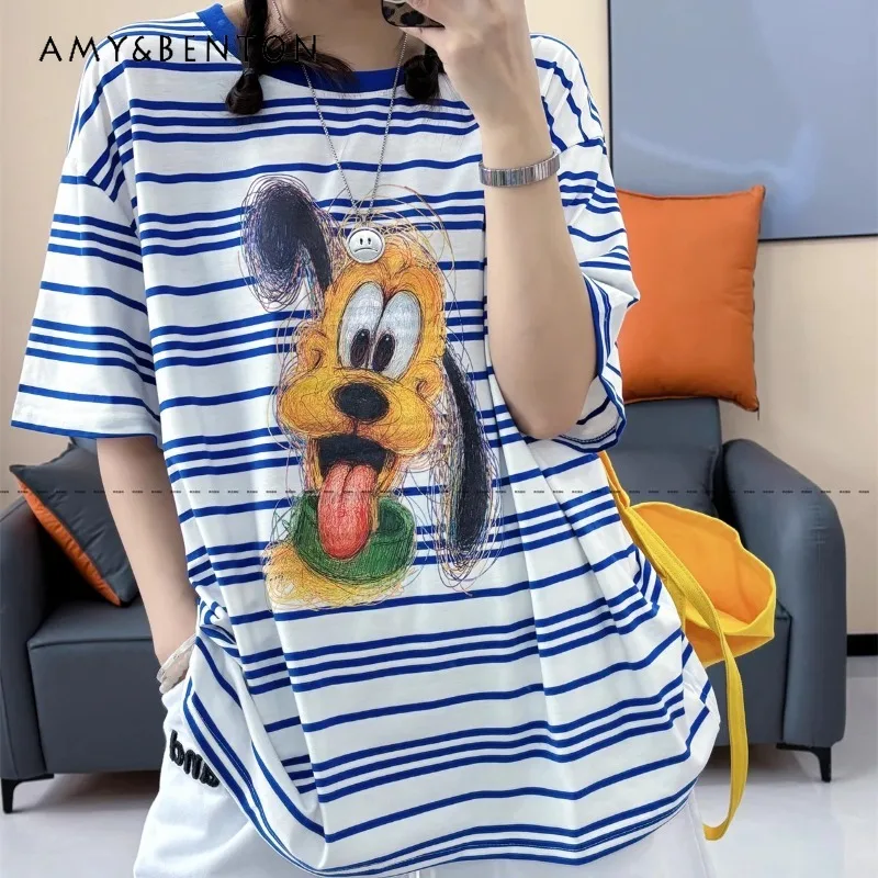 Contrasting Stripes Cartoon Short-sleeved T-shirts Women's Loose Hand-painted Half-sleeved Thin Kawaii Top Summer New Pullover
Contrasting Stripes Cartoon Short-sleeved T-shirts Women's Loose Hand-painted Half-sleeved Thin Kawaii Top Summer New Pullover