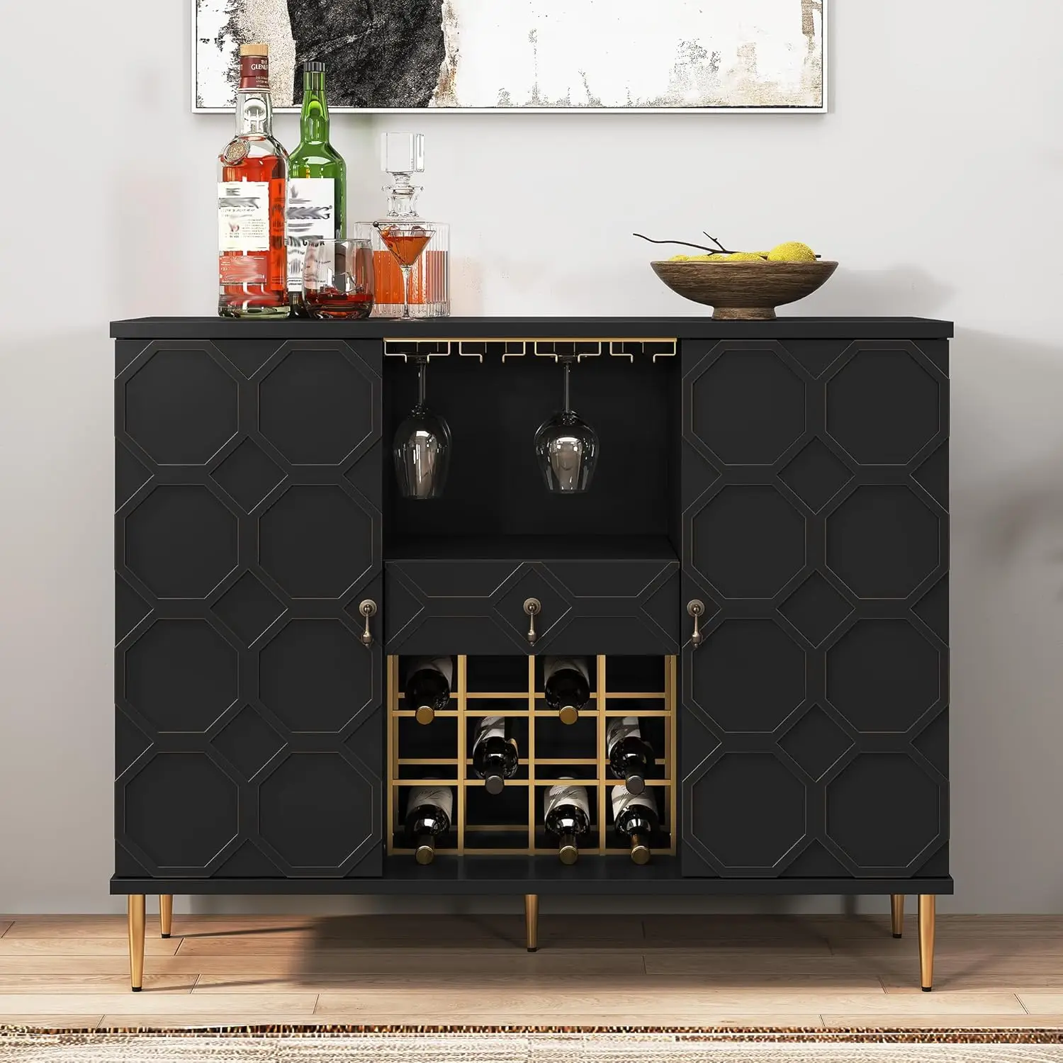 Modern Bar Cabinet with Drawer, Liquor Cabinet with Wine Glass Racks and Shelves, Geometric Door Buffet Sideboard,Kitchen, Black
Modern Bar Cabinet with Drawer, Liquor Cabinet with Wine Glass Racks and Shelves, Geometric Door Buffet Sideboard,Kitchen, Black