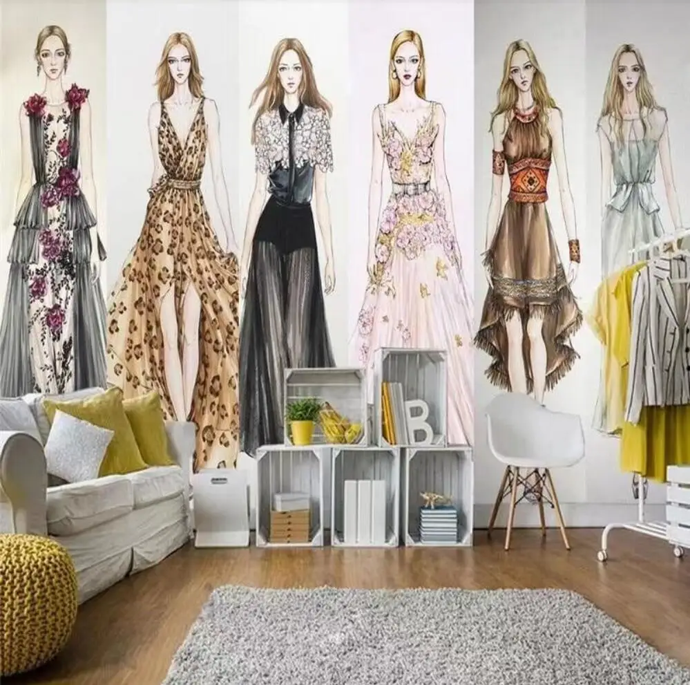Customized wallpaper clothing store background mural wedding dress design evening dress cartoon hand drawn decorative painting
Customized wallpaper clothing store background mural wedding dress design evening dress cartoon hand drawn decorative painting
