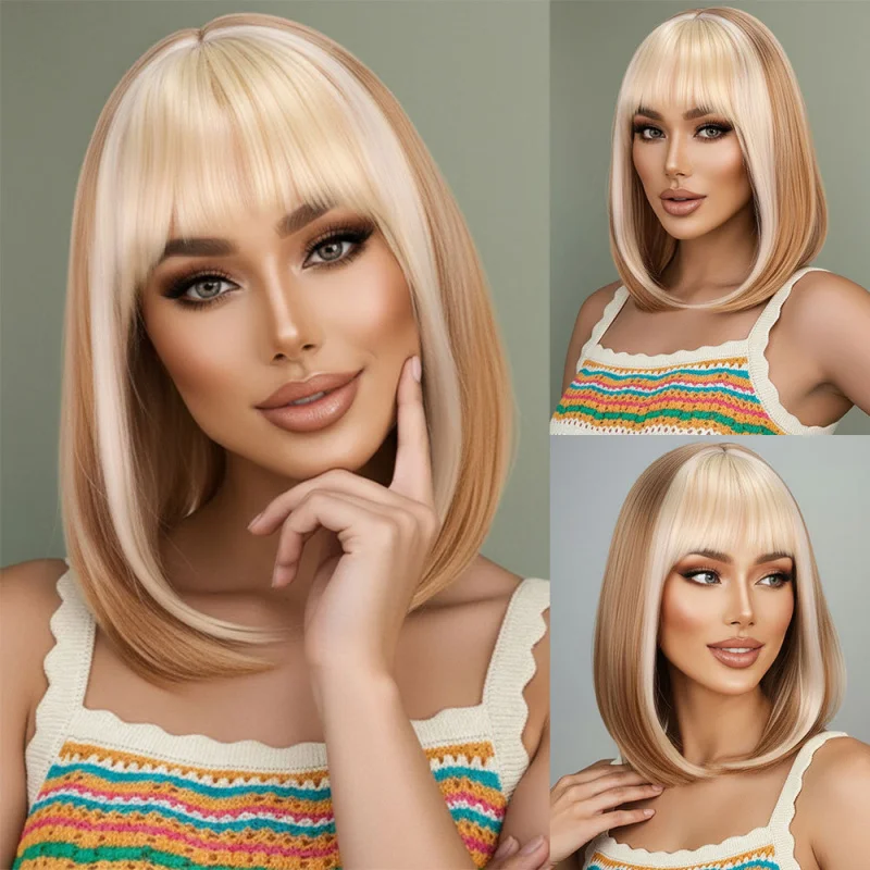 Highlighted, gradient, shoulder-length bob wig with bangs
Highlighted, gradient, shoulder-length bob wig with bangs