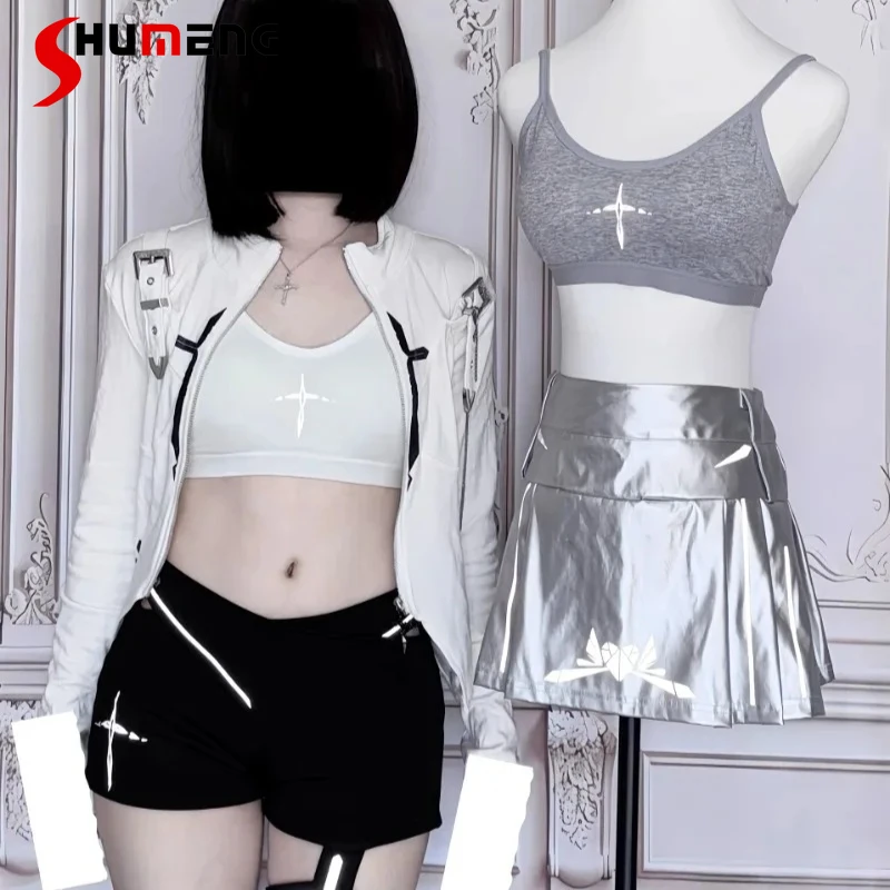 Reflective Laser Printing Function Style Tooling Camisoles American Retro Girl Pure Cotton Slings With Chest Pad Vest Short Tees
Reflective Laser Printing Function Style Tooling Camisoles American Retro Girl Pure Cotton Slings With Chest Pad Vest Short Tees