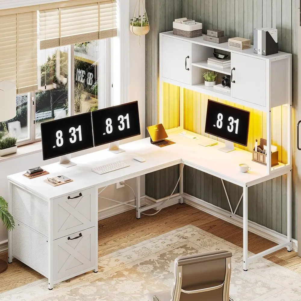 L-Shaped Office Desk with Fabric Drawers, Power Outlet, LED Lights, Hutch, and Storage Shelves
L-Shaped Office Desk with Fabric Drawers, Power Outlet, LED Lights, Hutch, and Storage Shelves