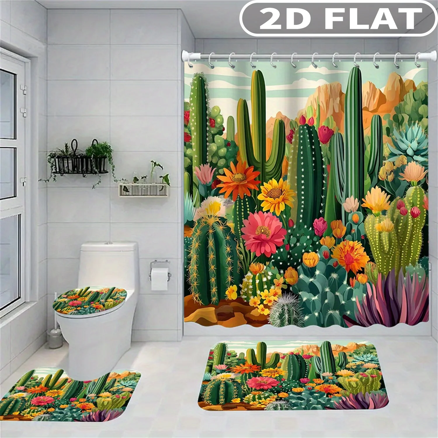 1pc/ 4pcs 2D FLAT Cactus Desert Flowers Pattern Pattern Shower Curtain Set, Accessories with Bath Mat, U-shaped Mat, Toilet Lid
1pc/ 4pcs 2D FLAT Cactus Desert Flowers Pattern Pattern Shower Curtain Set, Accessories with Bath Mat, U-shaped Mat, Toilet Lid