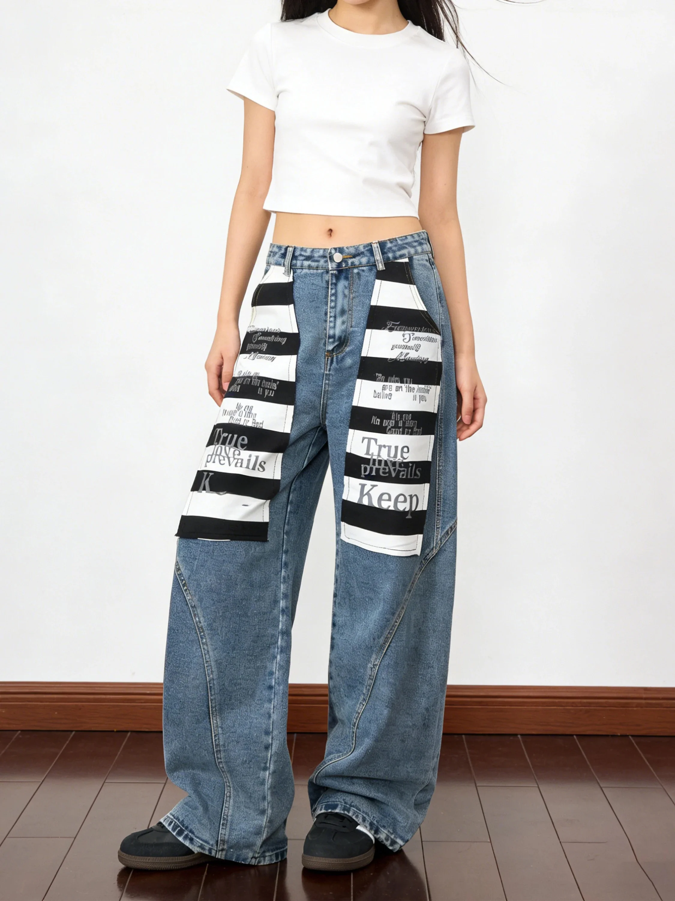 American Retro Striped Letter Patchwork Loose Wide Leg Jeans Women's Casual Street Style Cotton Blend Spring Season
American Retro Striped Letter Patchwork Loose Wide Leg Jeans Women's Casual Street Style Cotton Blend Spring Season