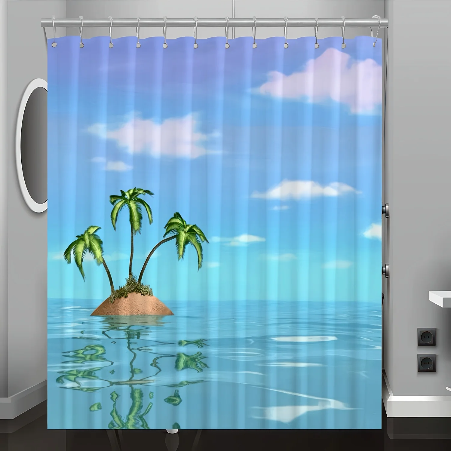Занавеска для душа с цифровым принтом и пейзажем Океанского острова — двусторонний полиэстер с крючками, для всесезонного декора ванной комнаты 
Занавеска для душа с цифровым принтом и пейзажем Океанского острова — двусторонний полиэстер с крючками, для всесезонного декора ванной комнаты