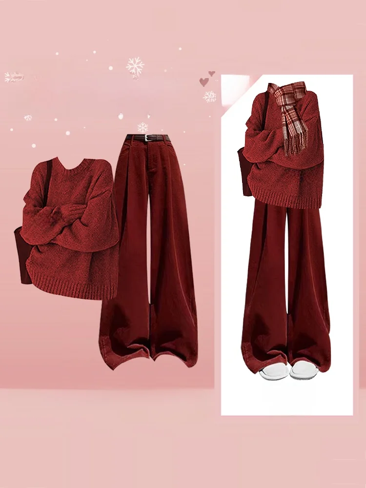Korean Style Loose Casual Knitwear round Neck High Waist Slim Wide Leg Pants Two Piece Set for Women Winter Autumn Fashion
Korean Style Loose Casual Knitwear round Neck High Waist Slim Wide Leg Pants Two Piece Set for Women Winter Autumn Fashion