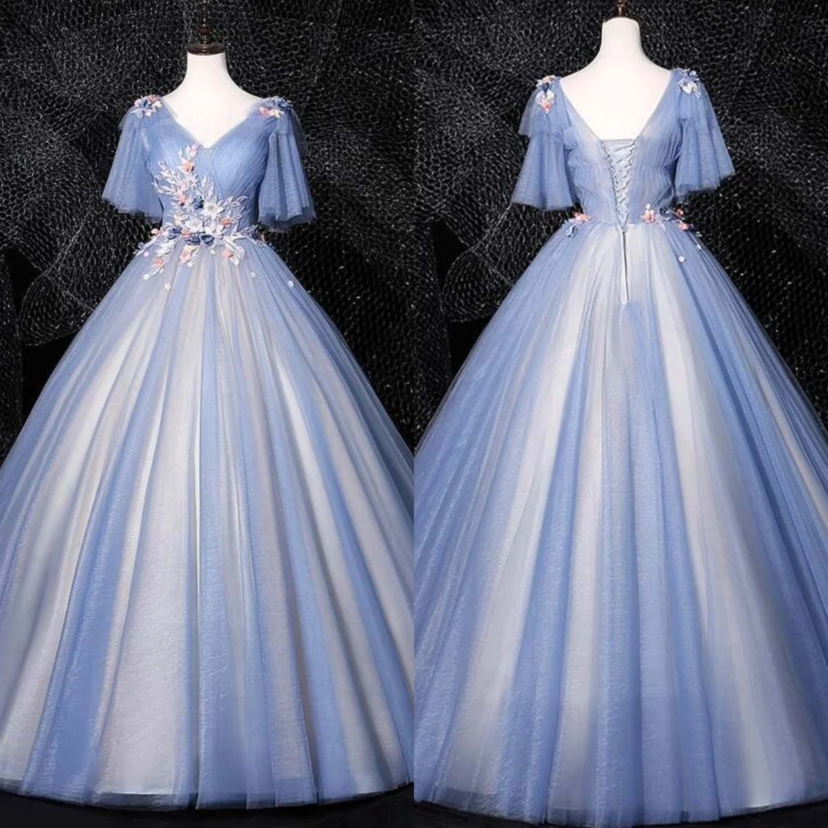 Tulle Appliques V-neck A-line Wedding Dresses Elegant Short Sleeve Floral Pearls Pleated Flare Sleeves Classic Bridal Dress
Tulle Appliques V-neck A-line Wedding Dresses Elegant Short Sleeve Floral Pearls Pleated Flare Sleeves Classic Bridal Dress