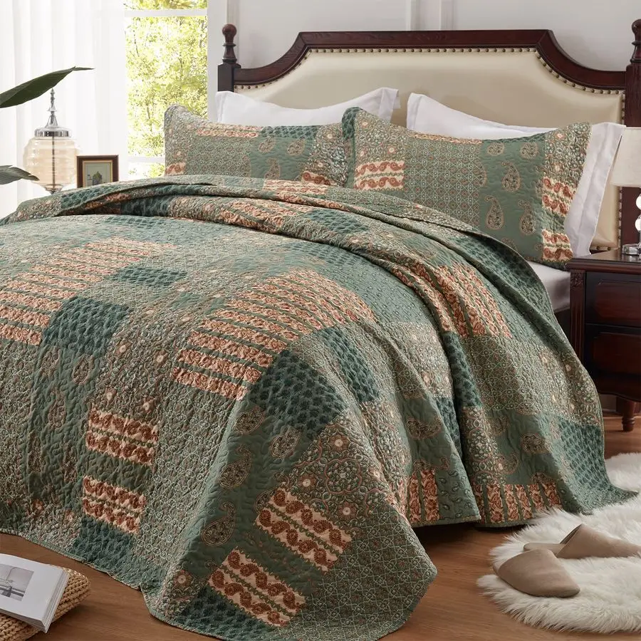 Quilt Set King Size 3 Piece Bedspread Lightweight Microfiber Floral Paisley Olive Green, 98x106 Inch
Quilt Set King Size 3 Piece Bedspread Lightweight Microfiber Floral Paisley Olive Green, 98x106 Inch